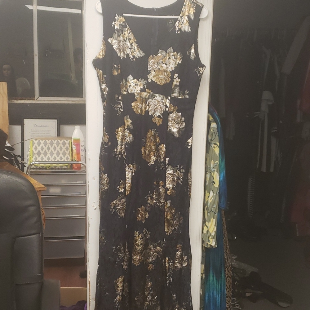 Long Dark Blue, God, Copper and Silver Green Dress
